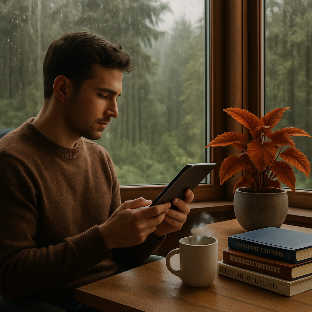 crie uma arte realista de uma pessoa em uma ambiente agradavel perto de uma janela a parte de fora esta chovendo e tem uma floresta bonita a pessoa es-3